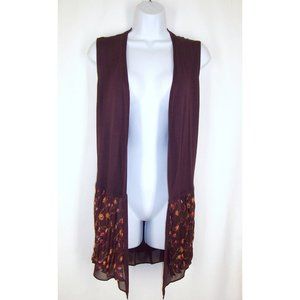 Logo by Lori Goldstein Long Cardigan S Burgundy Sleeveless Floral Chiffon Trim